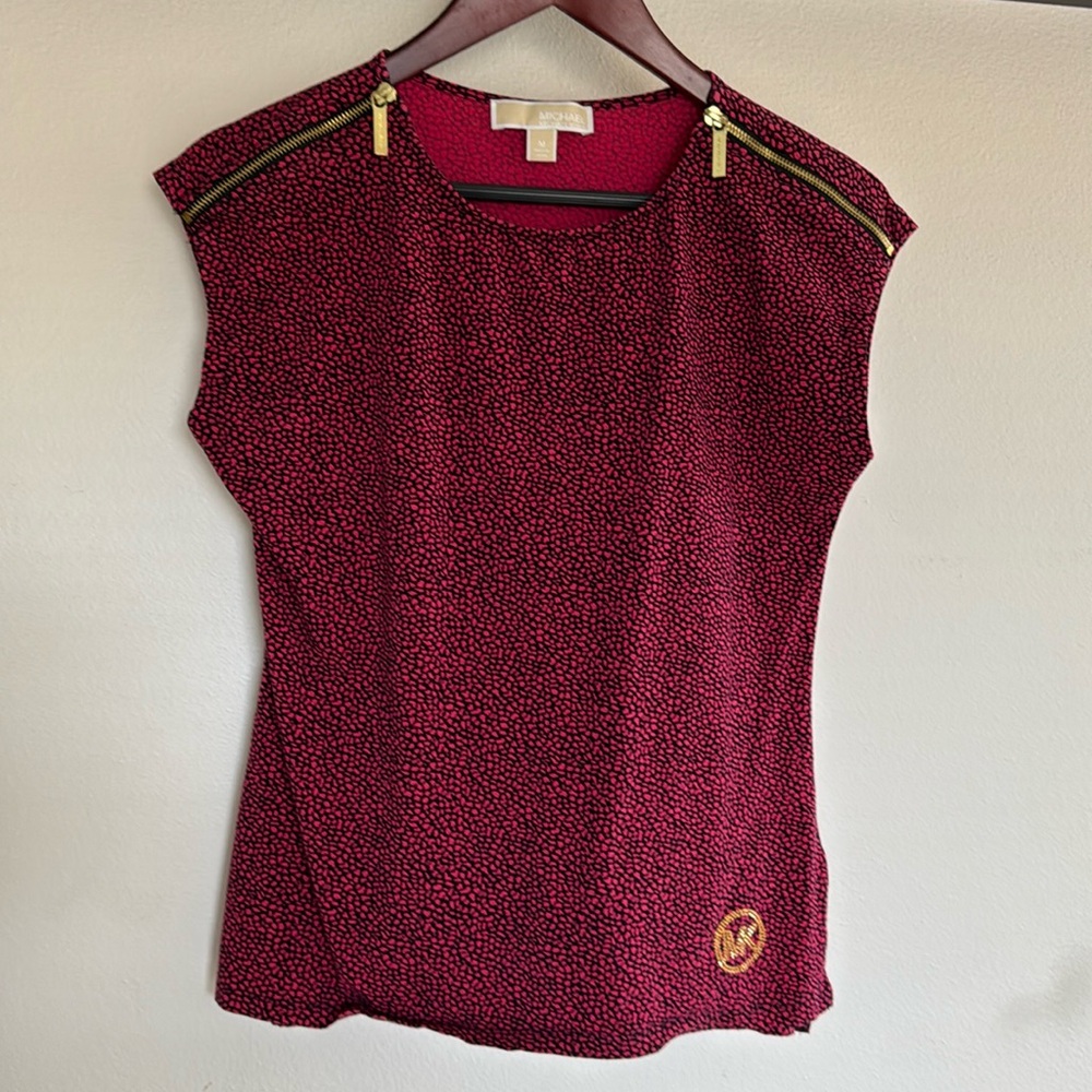 Michael Kors Fuschia and Black Blouse with Gold Zipper Detail